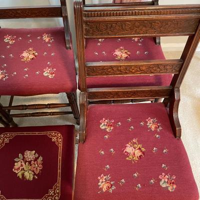 Sale Photo Thumbnail #566: 2 burgandy embroidery matching chairs with footstool
