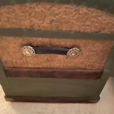 Sale Photo Thumbnail #576: Rounded top wood trunk with gold metal decorative pattern