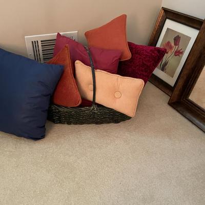 Sale Photo Thumbnail #579: 3 pieces of framed decorative wall art, 1 basket and 6 pillows