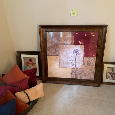 Sale Photo Thumbnail #577: 3 pieces of framed decorative wall art, 1 basket and 6 pillows