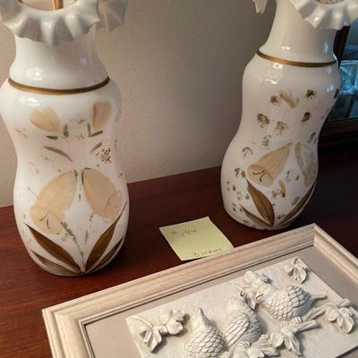 Sale Photo Thumbnail #592: 2 Antique hand painter art vases with ruffled rim, with bird art hanging