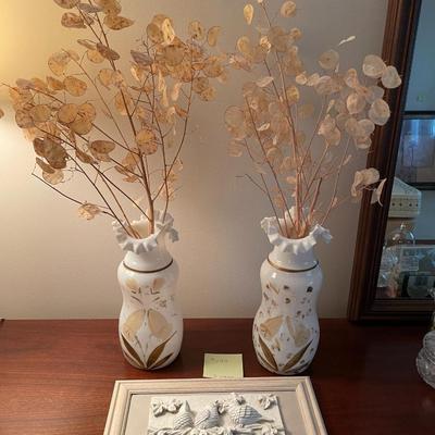 Sale Photo Thumbnail #591: 2 Antique hand painter art vases with ruffled rim, with bird art hanging