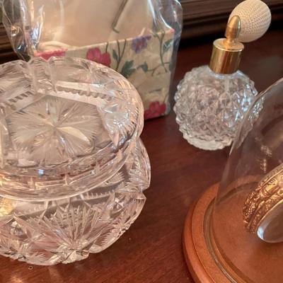 Sale Photo Thumbnail #595: Antique pocketwatch (no hands) with holder, crystal glass container, perfume bottle