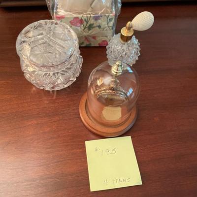 Sale Photo Thumbnail #593: Antique pocketwatch (no hands) with holder, crystal glass container, perfume bottle
