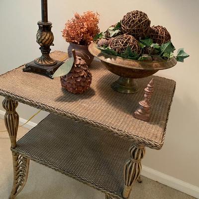 Sale Photo Thumbnail #607: Vintage wicker table with lamp, mirroer and asst decorative pieces