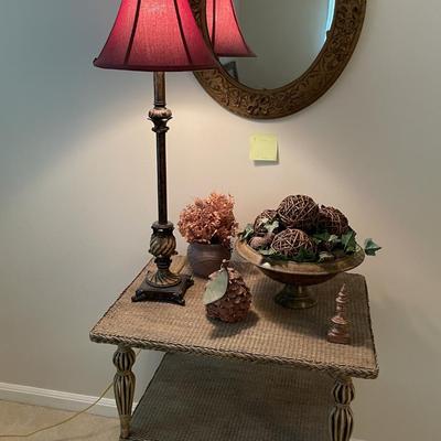 Sale Photo Thumbnail #606: Vintage wicker table with lamp, mirroer and asst decorative pieces