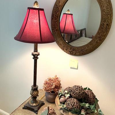 Sale Photo Thumbnail #608: Vintage wicker table with lamp, mirroer and asst decorative pieces