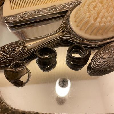 Sale Photo Thumbnail #637: Silver toned vanity set with spoon rings 