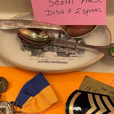 Sale Photo Thumbnail #650: Boy scout pins, ring, dish and baby spoons