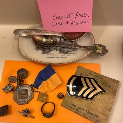 Sale Photo Thumbnail #648: Boy scout pins, ring, dish and baby spoons