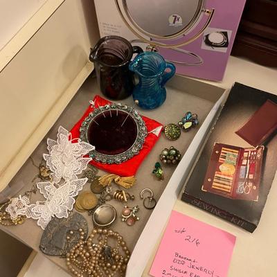 Sale Photo Thumbnail #657: Broken & Odd jewelry plus 1 mirror, sewing kit, vases, etc.