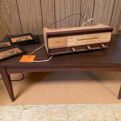Sale Photo Thumbnail #717: MCM Coffee Table, 1900's Old Car Model Plaques, Hi-Fi AM/FM Radio includes lot of 4 plaques, radio works