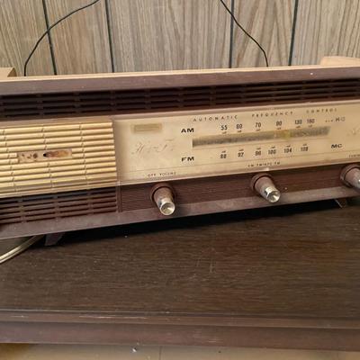 Sale Photo Thumbnail #719: MCM Coffee Table, 1900's Old Car Model Plaques, Hi-Fi AM/FM Radio includes lot of 4 plaques, radio works