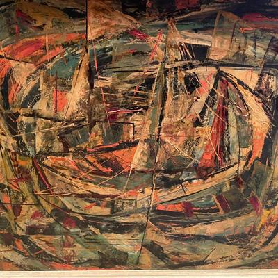 Sale Photo Thumbnail #725: "Hidden Boats" Oil Painting Signed Marvin M. Sigel includes another painting behind frame by Sigel