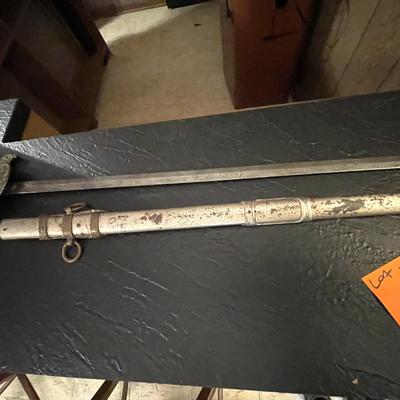 Sale Photo Thumbnail #739: US Knights of Pythias Fraternal Masonic Sword w/ Scabbard is inscribed with "Jas M. Kranslow" & "The Henderson Ames Co. Kalamazoo, Mich." on blade.