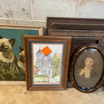Sale Photo Thumbnail #815: Lot of Framed Art includes a painting, sketch print, photos, frames