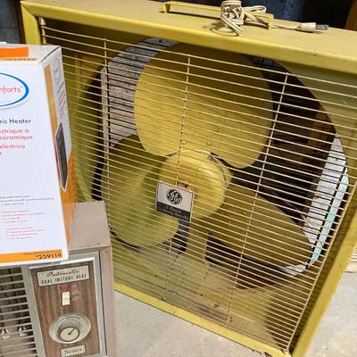 Sale Photo Thumbnail #848: Fan & Heater Lot includes vintage Sears heater, electric heater, & 3 Speed GE Metal Box Fan