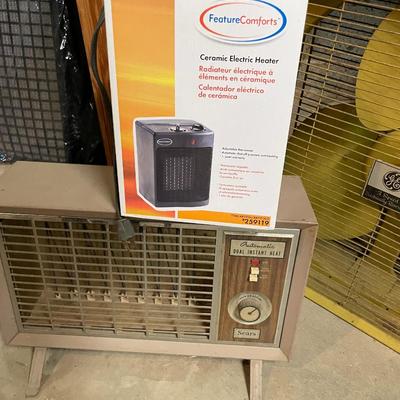 Sale Photo Thumbnail #849: Fan & Heater Lot includes vintage Sears heater, electric heater, & 3 Speed GE Metal Box Fan