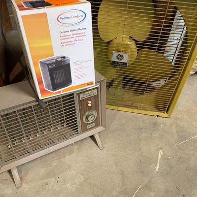 Sale Photo Thumbnail #847: Fan & Heater Lot includes vintage Sears heater, electric heater, & 3 Speed GE Metal Box Fan