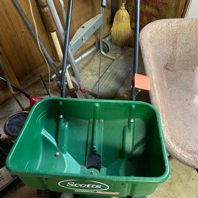 Sale Photo Thumbnail #862: Lawn Care Lot includes wheel barrow, Scotts seed spreader, lawn décor, & dolly