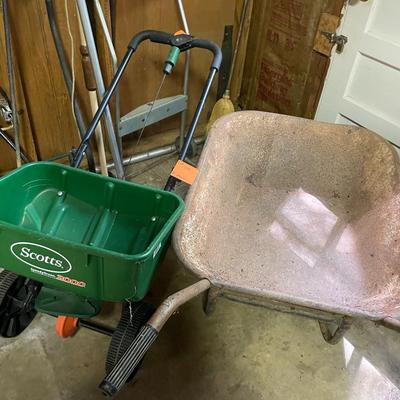 Sale Photo Thumbnail #861: Lawn Care Lot includes wheel barrow, Scotts seed spreader, lawn décor, & dolly