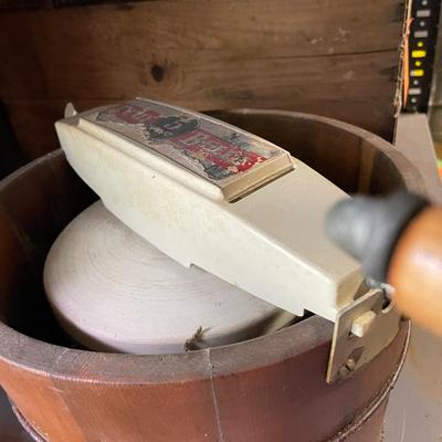 Sale Photo Thumbnail #872: Dixie Belle Icecream Maker, Wooden Box, & Milking Stool