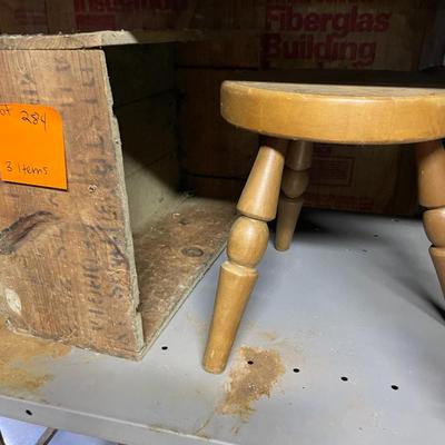 Sale Photo Thumbnail #873: Dixie Belle Icecream Maker, Wooden Box, & Milking Stool