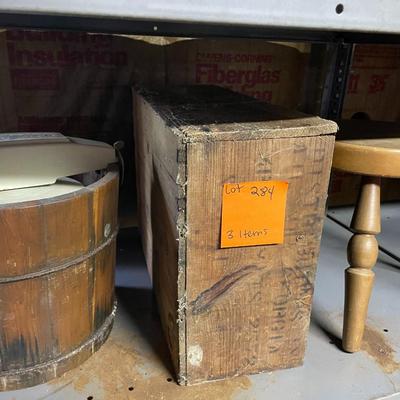 Sale Photo Thumbnail #870: Dixie Belle Icecream Maker, Wooden Box, & Milking Stool
