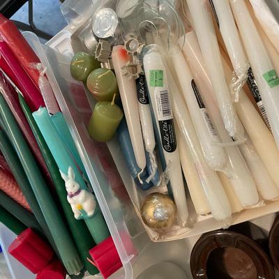Sale Photo Thumbnail #948: Large assortment of taper and pillar candles along with coaster