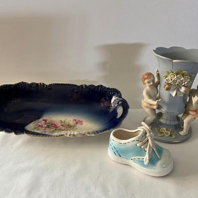 Vintage item, blue platter, vase and shoe