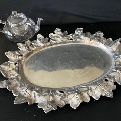 Pewter Platter 22in with crystal items and clock