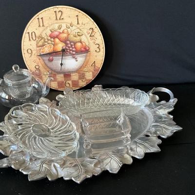 Pewter Platter 22in with crystal items and clock