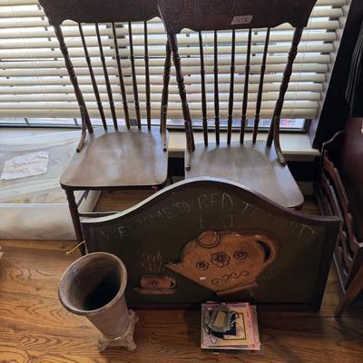 Sale Photo Thumbnail #243: (2) Wooden Chairs
Cooking books
Kitchen sign 
Home decor