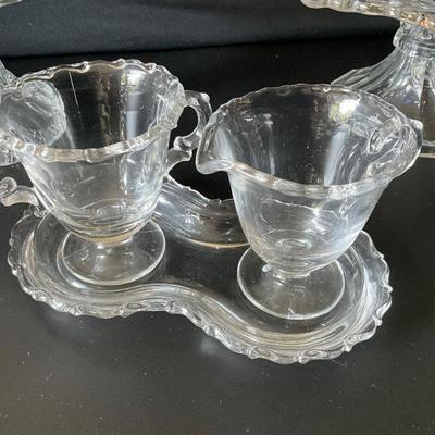 Vintage Early American pressed glass cake stand, Candy Dish, Candlewick Sugar/Creamer