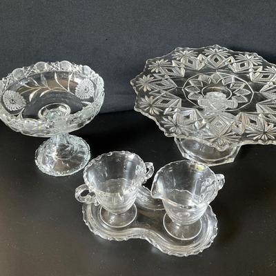 Vintage Early American pressed glass cake stand, Candy Dish, Candlewick Sugar/Creamer
