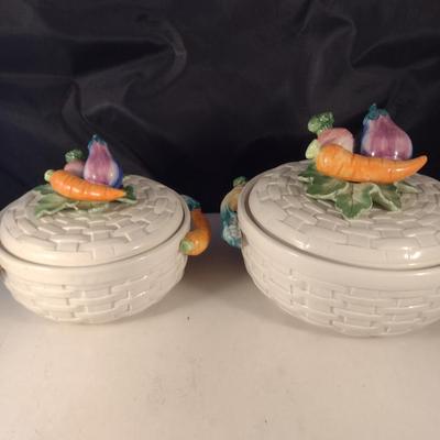 Pair of Vintage Fitz and Floyd 'Kitchen Harvest" Covered Bowls- One Quart and Three Quart Sizes