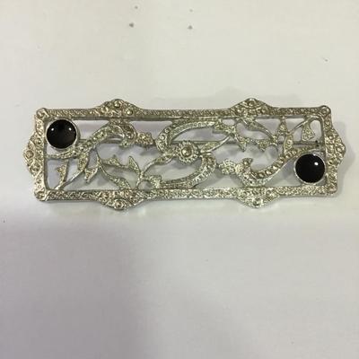 Vintage ornate filigree, Silver tone bar pin, brooch, large