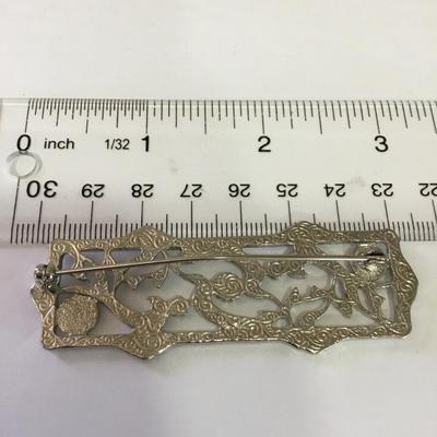 Vintage ornate filigree, Silver tone bar pin, brooch, large