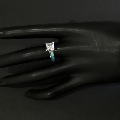 SilverTone fashion ring with light blue enamel and square crystal