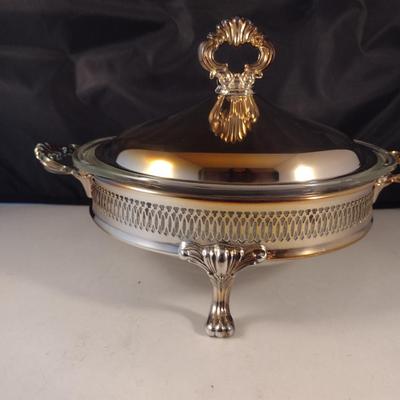 B. Rogers Metal Casserole Holder and Lid with Pyrex Insert- Two Quart Size