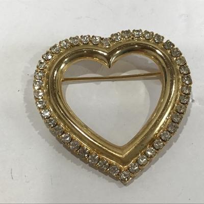 Rhinestone Gold Tone Heart Brooch
