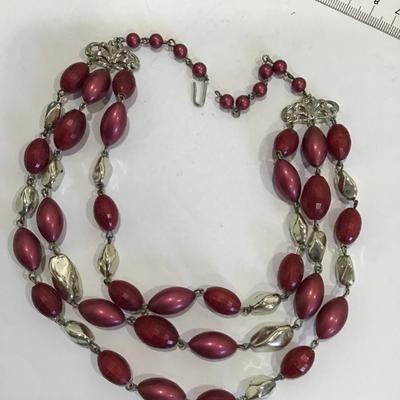 Vintage 3 Strand Necklace Cranberry and Silver Tones