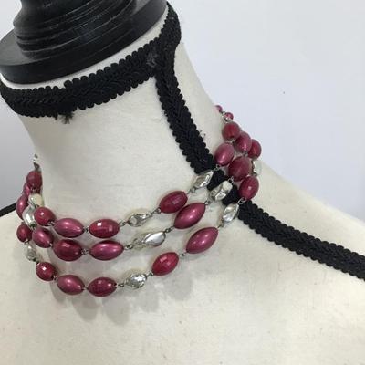 Vintage 3 Strand Necklace Cranberry and Silver Tones