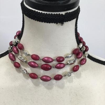 Vintage 3 Strand Necklace Cranberry and Silver Tones