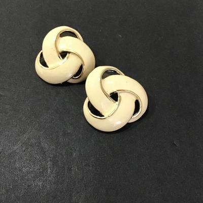 Gold tone, cream enamel fashion, earrings, studded