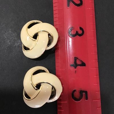 Gold tone, cream enamel fashion, earrings, studded