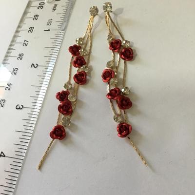 Beautiful, gold, toned, red rose dangle earrings