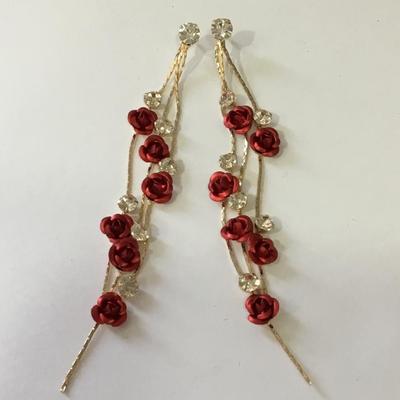 Beautiful, gold, toned, red rose dangle earrings
