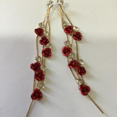 Beautiful, gold, toned, red rose dangle earrings