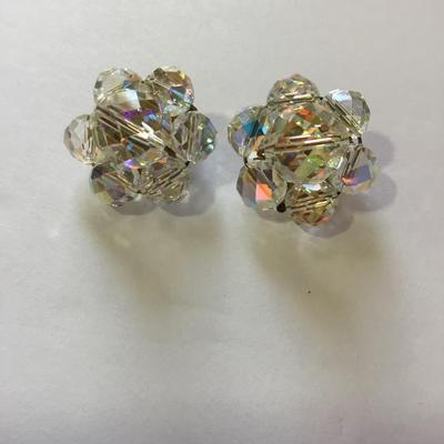 Gorgeous aurora, borealis, crystal flower clip on earrings vintage